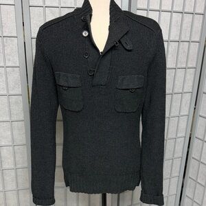 Tristan Men’s Black Button-Neck Knit Sweater with Chest Pockets, Small